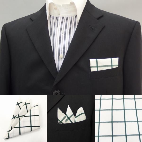 高級オーダーシャツ生地ポケットチーフ・ベージュ×グリーン・ウィンドーペンチェック柄ポケットスクウェア