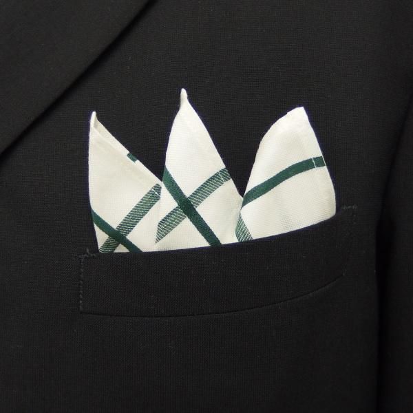 高級オーダーシャツ生地ポケットチーフ・ベージュ×グリーン・ウィンドーペンチェック柄ポケットスクウェア