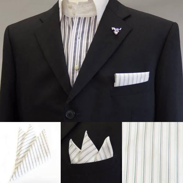 高級オーダーシャツ生地ポケットチーフ・グリーン系ストライプ柄ポケットスクウェア