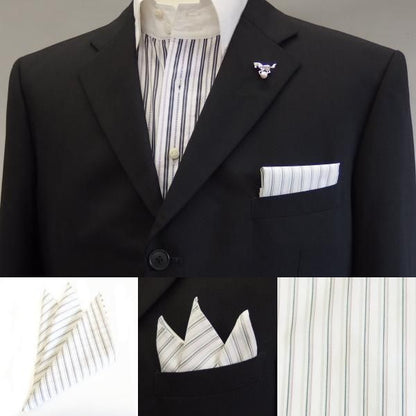 高級オーダーシャツ生地ポケットチーフ・グリーン系ストライプ柄ポケットスクウェア