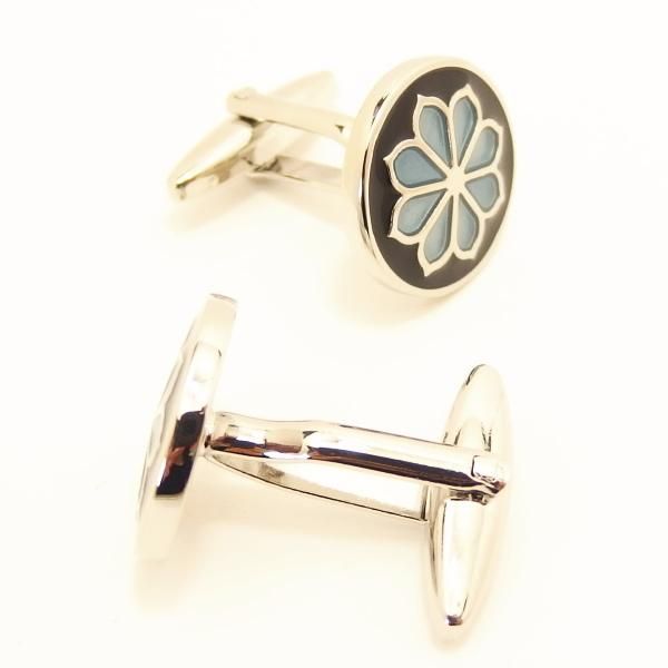 ブラック×ブルーのエナメルフラワーのカフス（カフリンクス/カフスボタン）