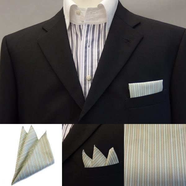 高級オーダーシャツ生地ポケットチーフ・若葉色×ベージュストライプのポケットスクウェア