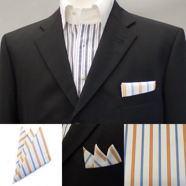 高級オーダーシャツ生地ポケットチーフ・ブルー×オレンジストライプのポケットスクウェア