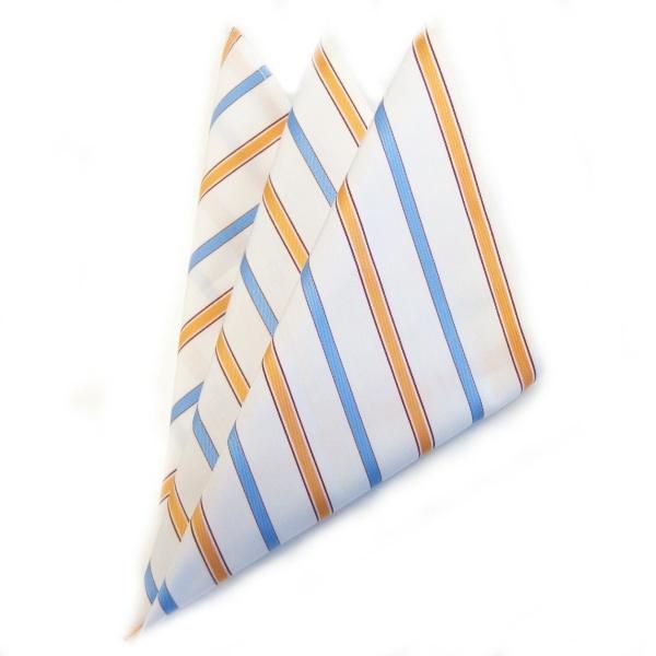 高級オーダーシャツ生地ポケットチーフ・ブルー×オレンジストライプのポケットスクウェア