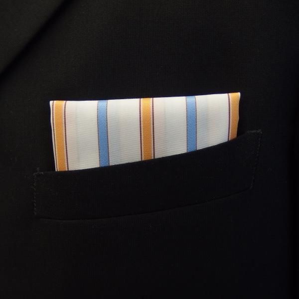 高級オーダーシャツ生地ポケットチーフ・ブルー×オレンジストライプのポケットスクウェア