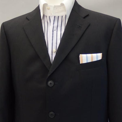 高級オーダーシャツ生地ポケットチーフ・ブルー×オレンジストライプのポケットスクウェア