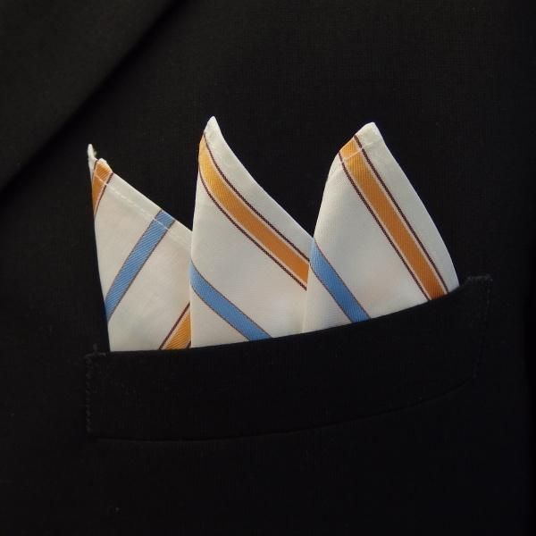 高級オーダーシャツ生地ポケットチーフ・ブルー×オレンジストライプのポケットスクウェア