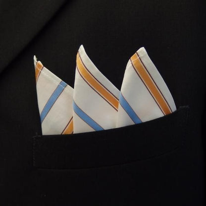 高級オーダーシャツ生地ポケットチーフ・ブルー×オレンジストライプのポケットスクウェア