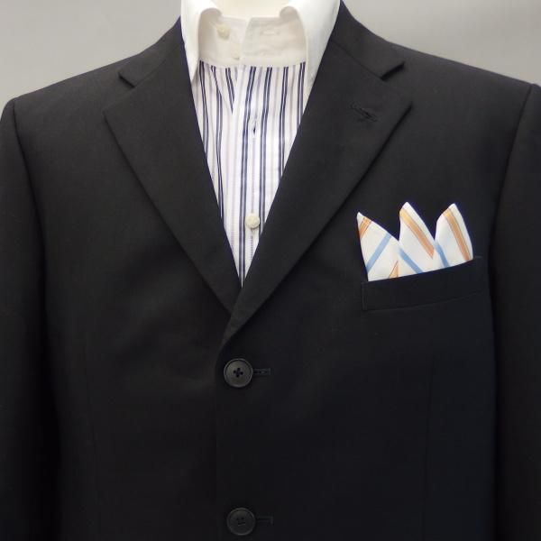 高級オーダーシャツ生地ポケットチーフ・ブルー×オレンジストライプのポケットスクウェア