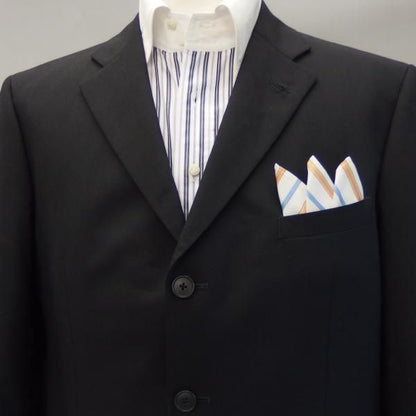 高級オーダーシャツ生地ポケットチーフ・ブルー×オレンジストライプのポケットスクウェア