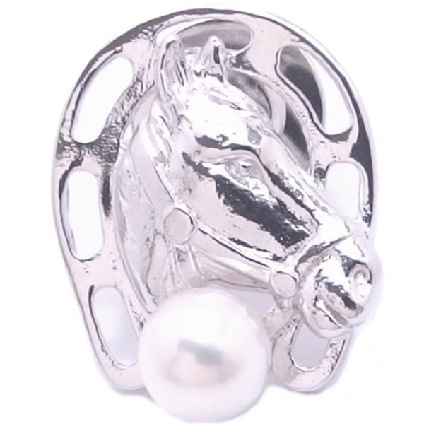 ラペルピン・馬蹄と馬の横顔・アコヤ真珠パール6.0mmのブローチ(タイタック)