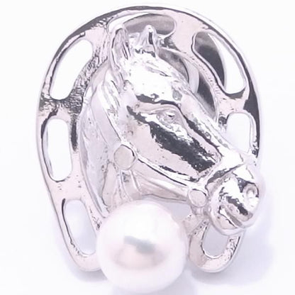 ラペルピン・馬蹄と馬の横顔・アコヤ真珠パール6.0mmのブローチ(タイタック)