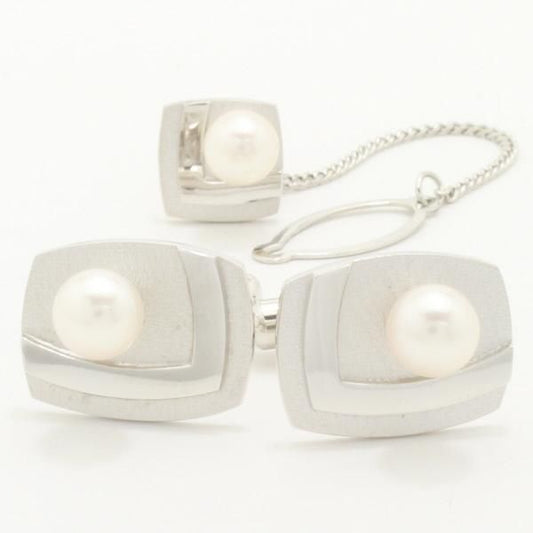 アコヤ真珠6.5㎜レクタングルVライン・デザインのカフス&タイタックのセット