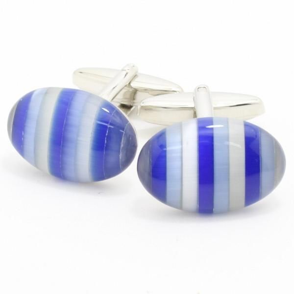 オーバル・キャッツアイ・ストライプ・ブルーのカフス(カフリンクス/カフスボタン)