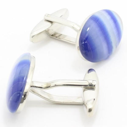 オーバル・キャッツアイ・ストライプ・ブルーのカフス(カフリンクス/カフスボタン)