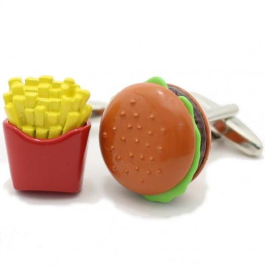 食べ過ぎ注意フライドポテトとハンバーガーのカフス(カフリンクス/カフスボタン)