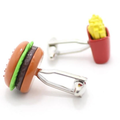 食べ過ぎ注意フライドポテトとハンバーガーのカフス(カフリンクス/カフスボタン)