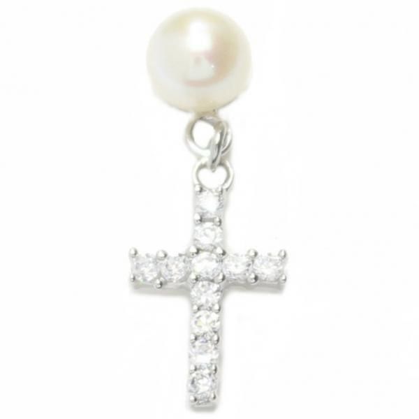 ラペルピン・きらきら十字架クロスと淡水真珠6.0mmのブローチ(タイタック)