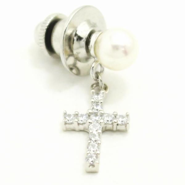 ラペルピン・きらきら十字架クロスと淡水真珠6.0mmのブローチ(タイタック)