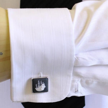 【陶華・TOHCA】シルバー・スクウェア帆船カメオ・グレーのカフス(カフリンクス/カフスボタン)