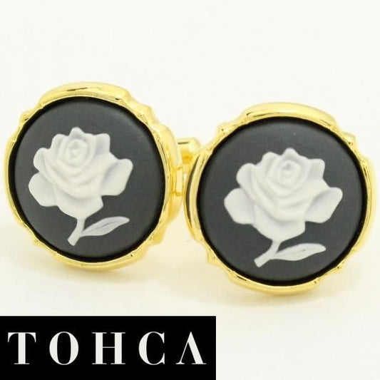 取寄品【陶華・TOHCA】ゴールド・ラウンド薔薇ローズカメオ・グレーのカフス(カフリンクス/カフスボタン)