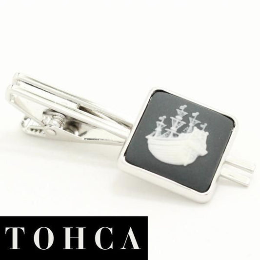 【陶華・TOHCA】シルバー・スクウェア帆船カメオ・グレーのタイピン(ネクタイピン)