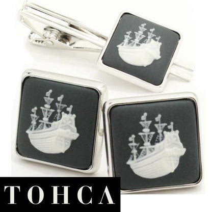 取寄品【陶華・TOHCA】シルバー・スクウェア帆船カメオ・グレーのカフスセット(タイピンセット)