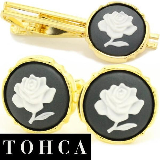 取寄品【陶華・TOHCA】ゴールド・ラウンド薔薇ローズカメオ・グレーのカフスセット(タイピンセット)
