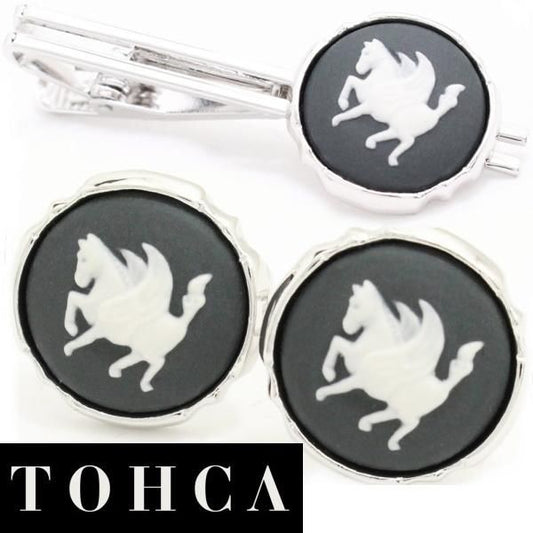 取寄品【陶華・TOHCA】シルバー・ラウンド・ペガサスカメオ・グレーのカフスセット(タイピンセット)