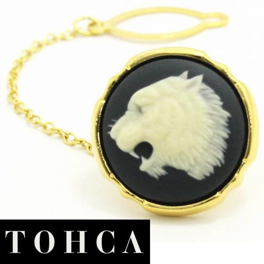 取寄品 【陶華・TOHCA】ゴールド・ラウンド吠える虎カメオ・グレーのタイタック(ピンブローチ)