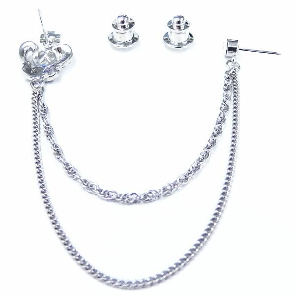 シルバー王冠クラウン×二連チェーンのラペルピン・チェーンブローチ