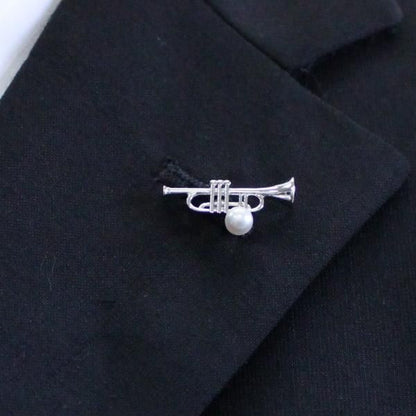 ラペルピン・音楽好きさんにトランペット・アコヤ真珠パール5.0mmブローチ(タイタック)