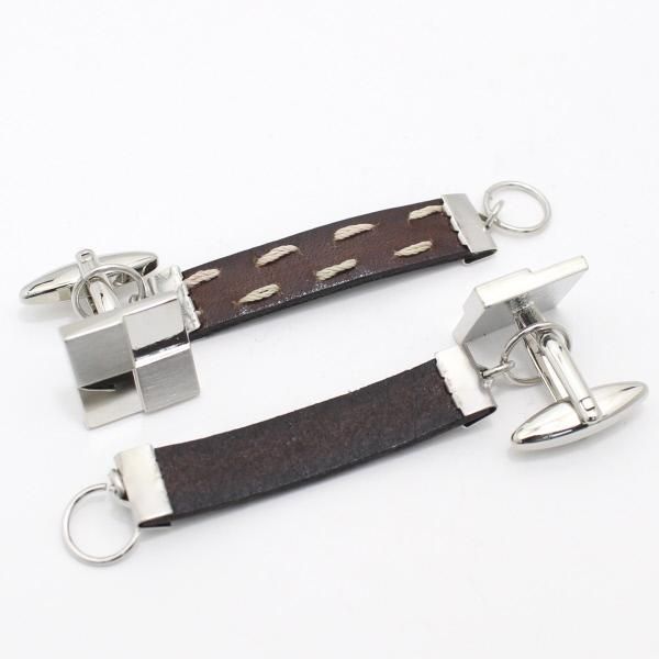 ブラウン革レザー・ダブルステッチのカフスチャーム(カフスチェーン)