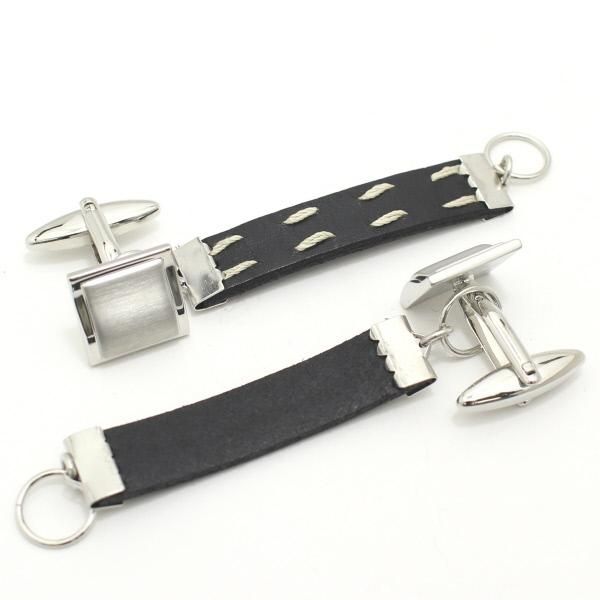 ブラック革レザー・ダブルステッチのカフスチャーム(カフスチェーン)