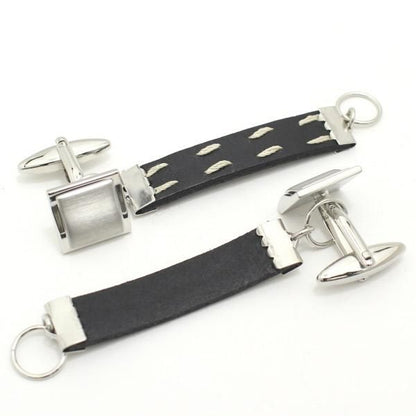 ブラック革レザー・ダブルステッチのカフスチャーム(カフスチェーン)