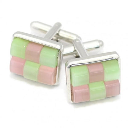 ピンク×グリーン・キャッツアイ・チェックブロックのカフス(カフリンクス/カフスボタン)