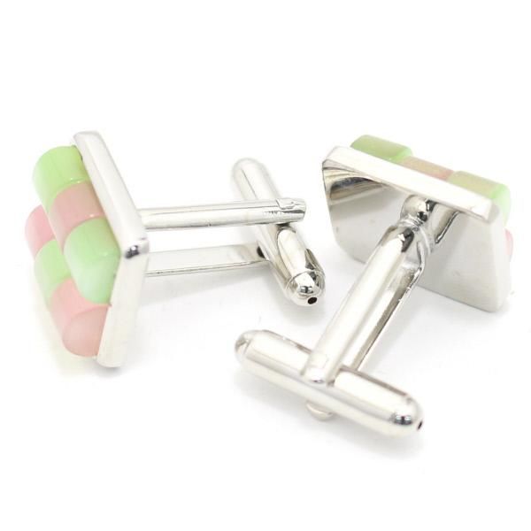 ピンク×グリーン・キャッツアイ・チェックブロックのカフス(カフリンクス/カフスボタン)