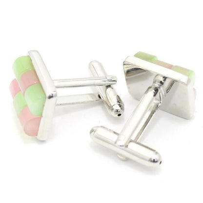 ピンク×グリーン・キャッツアイ・チェックブロックのカフス(カフリンクス/カフスボタン)