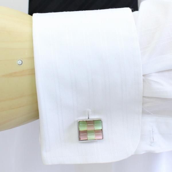 ピンク×グリーン・キャッツアイ・チェックブロックのカフス(カフリンクス/カフスボタン)