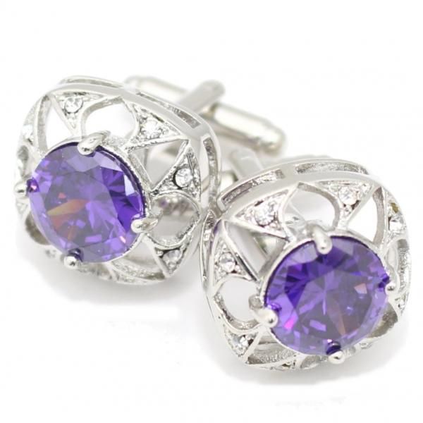 ラウンド・パープル・ディメンショナル・きらきらストーンのカフス(カフリンクス/カフスボタン)
