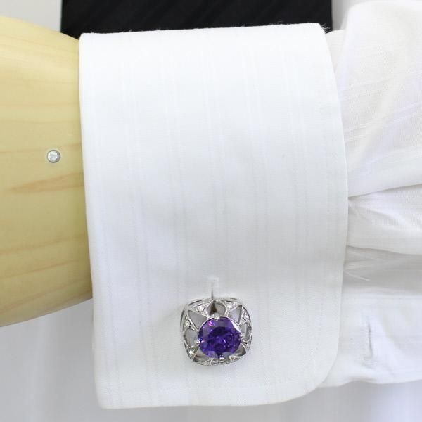 ラウンド・パープル・ディメンショナル・きらきらストーンのカフス(カフリンクス/カフスボタン)