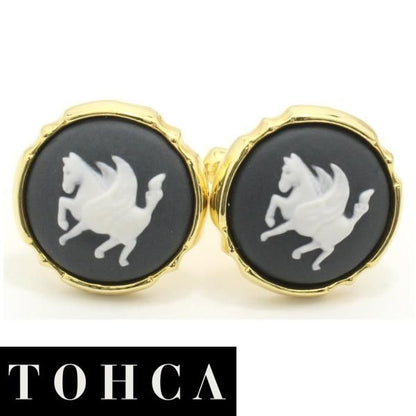 【陶華・TOHCA】ゴールド・ラウンド・ペガサスカメオ・グレーのカフス(カフリンクス/カフスボタン)