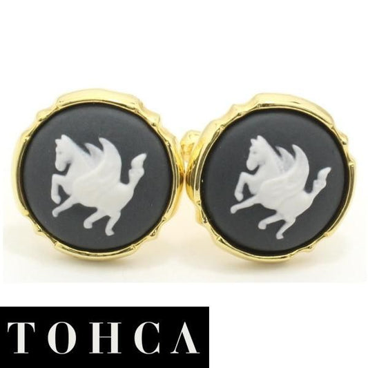 【陶華・TOHCA】ゴールド・ラウンド・ペガサスカメオ・グレーのカフス(カフリンクス/カフスボタン)