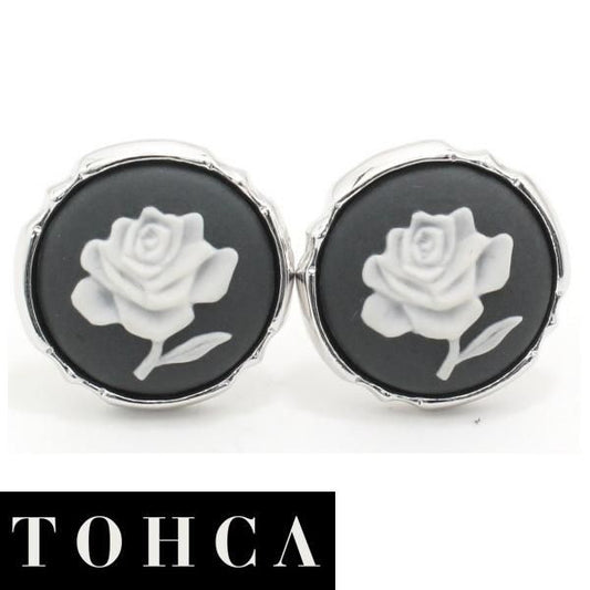 取寄品【陶華・TOHCA】シルバー・ラウンド薔薇ローズカメオ・グレーのカフス(カフリンクス/カフスボタン)