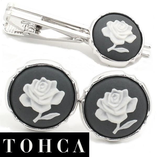 取寄品【陶華・TOHCA】シルバー・ラウンド薔薇ローズカメオ・グレーのカフスセット(タイピンセット)