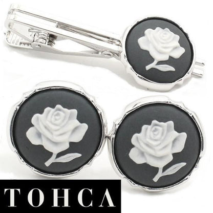 取寄品【陶華・TOHCA】シルバー・ラウンド薔薇ローズカメオ・グレーのカフスセット(タイピンセット)