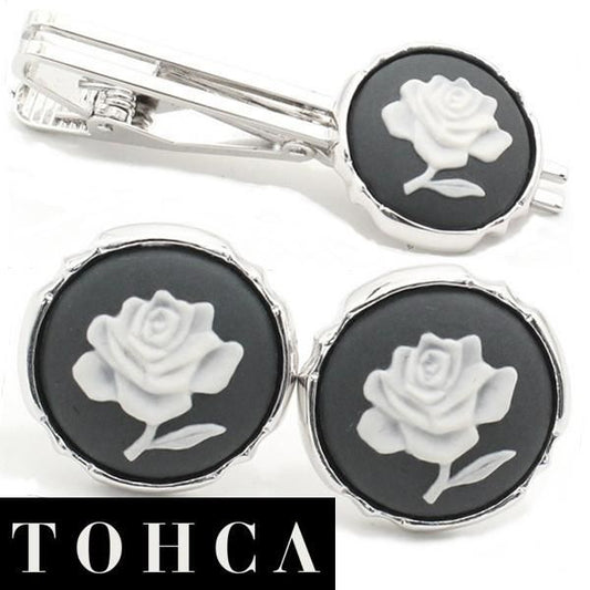 取寄品【陶華・TOHCA】シルバー・ラウンド薔薇ローズカメオ・グレーのカフスセット(タイピンセット)