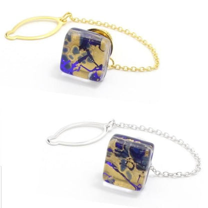 全2色・ムラーノ・ベネチアンガラス・ゴールド×ブルーのタイタック(ピンブローチ)