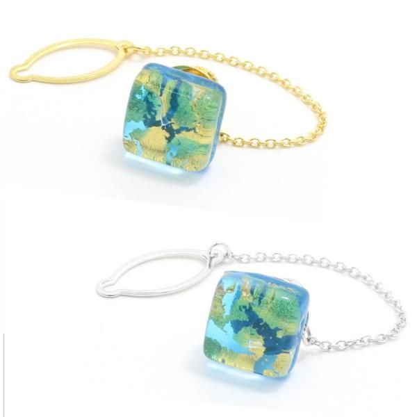 全2色・ムラーノ・ベネチアンガラス・ゴールド×アクアのタイタック(ピンブローチ)