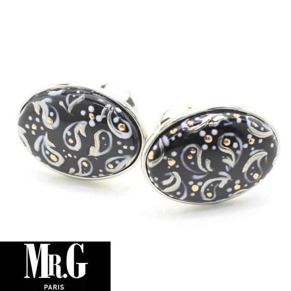 【Mr.G】ブラック×シルバー・ペイズリーのカフス(カフリンクス/カフスボタン)